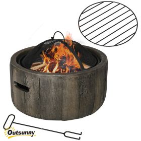 Outsunny Outdoor Fire Pit with Stump Effect, 18-inch Wood-burning Brazier Fireplace with Spark Screen & Poker for Backyard Camping Bonfire, Dark