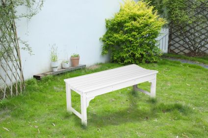Backless HDPE Adirondack Bench with Wood Texture, Poly Lumber Seat for Patio, Backyard, Balcony, All Weather Resistant with UV Protection, White