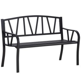 Outsunny 50" Metal Garden Bench, Black Outdoor Bench for 2 People, Park-Style Patio Seating, Decor with Smooth Armrests, Slatted Seat and Backres