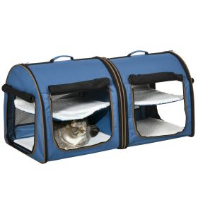 Portable Twin Compartment Show House Cat Cage 39  Soft-Sided Pet Kennel With Soft Cushions  Storage Bag Blue (Color: Blue)