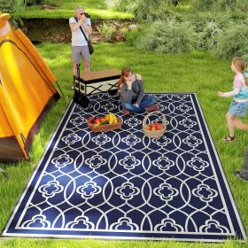 Reversible Outdoor Rug, Waterproof Plastic Straw With Carry Bag, 9 X 18, Blue & White Lantern (Color: Blue)