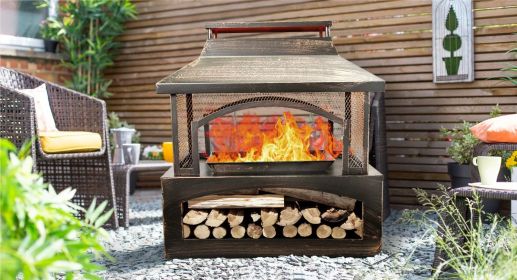 37-Inch Rectangular Metal Outdoor Wood Burning Fireplace - Outdoor Fireplace with Built-in Log Storage and Poker-Brushed Bronze (Color: as Pic)
