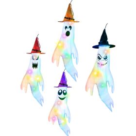 4Pcs Per Set Halloween Ghosts With Witch Hats Windsocks Hanging Decoration With Colorful LED Light Outdoor Flag Wind Socks Halloween Party Decora (Color: White)